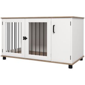 PawHut 2-In-1 Dog Crate Table w/ Double Doors and Storage, Dog Cage for Medium and Large-sized Dogs, Walnut and White