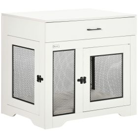 PawHut Stylish Dog Crate End Table White with Cushion Dog Cage Kennel Drawer 2 Doors Small Dogs Indoor Crate