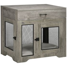 PawHut Luxury Dog Crate Furniture with Cushion End Table with Drawer and Doors for Small Dogs Stylish Gray